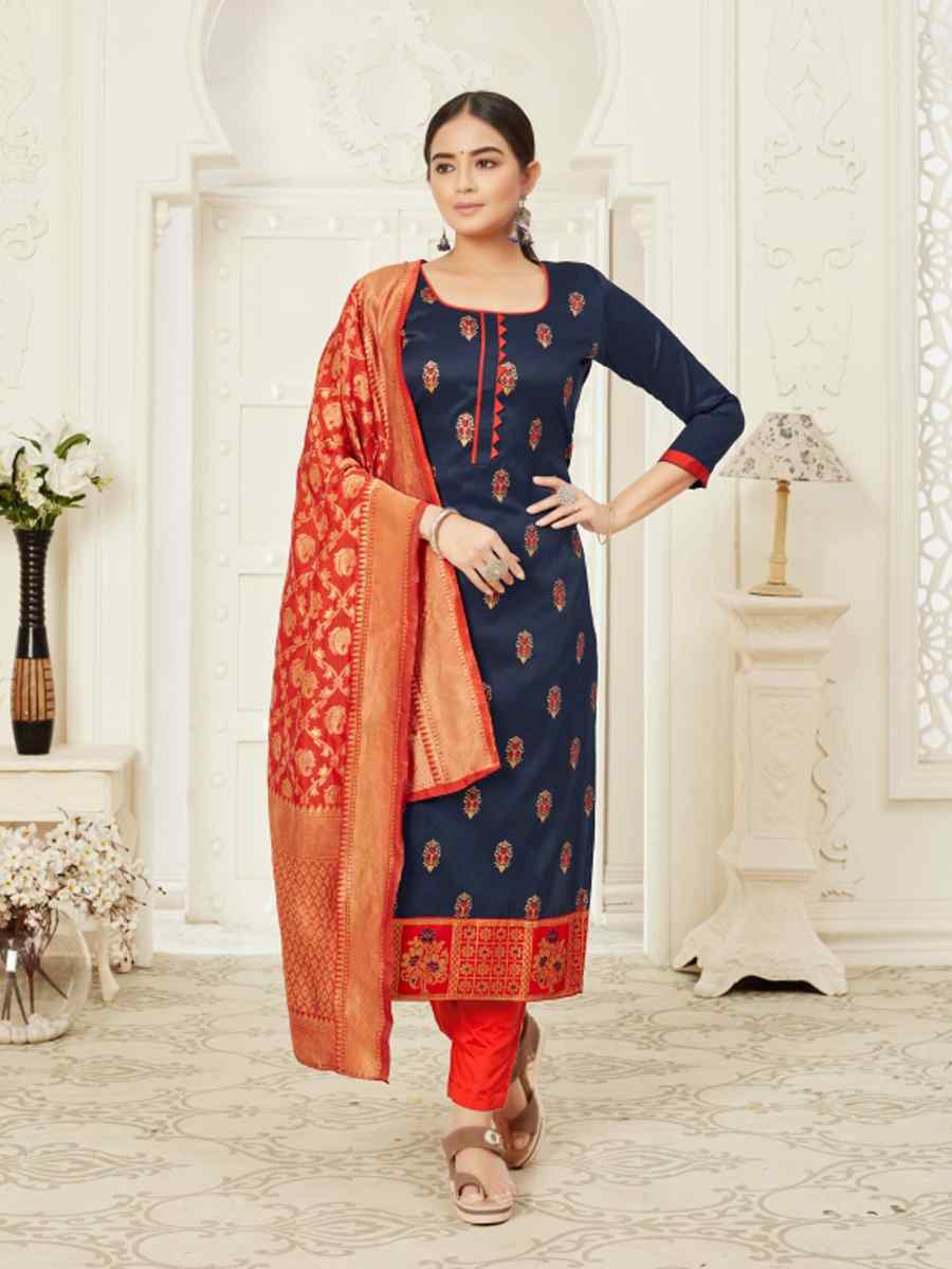 Navy Blue Cotton Silk Blend Handwoven Wedding Festival Pant Salwar Kameez