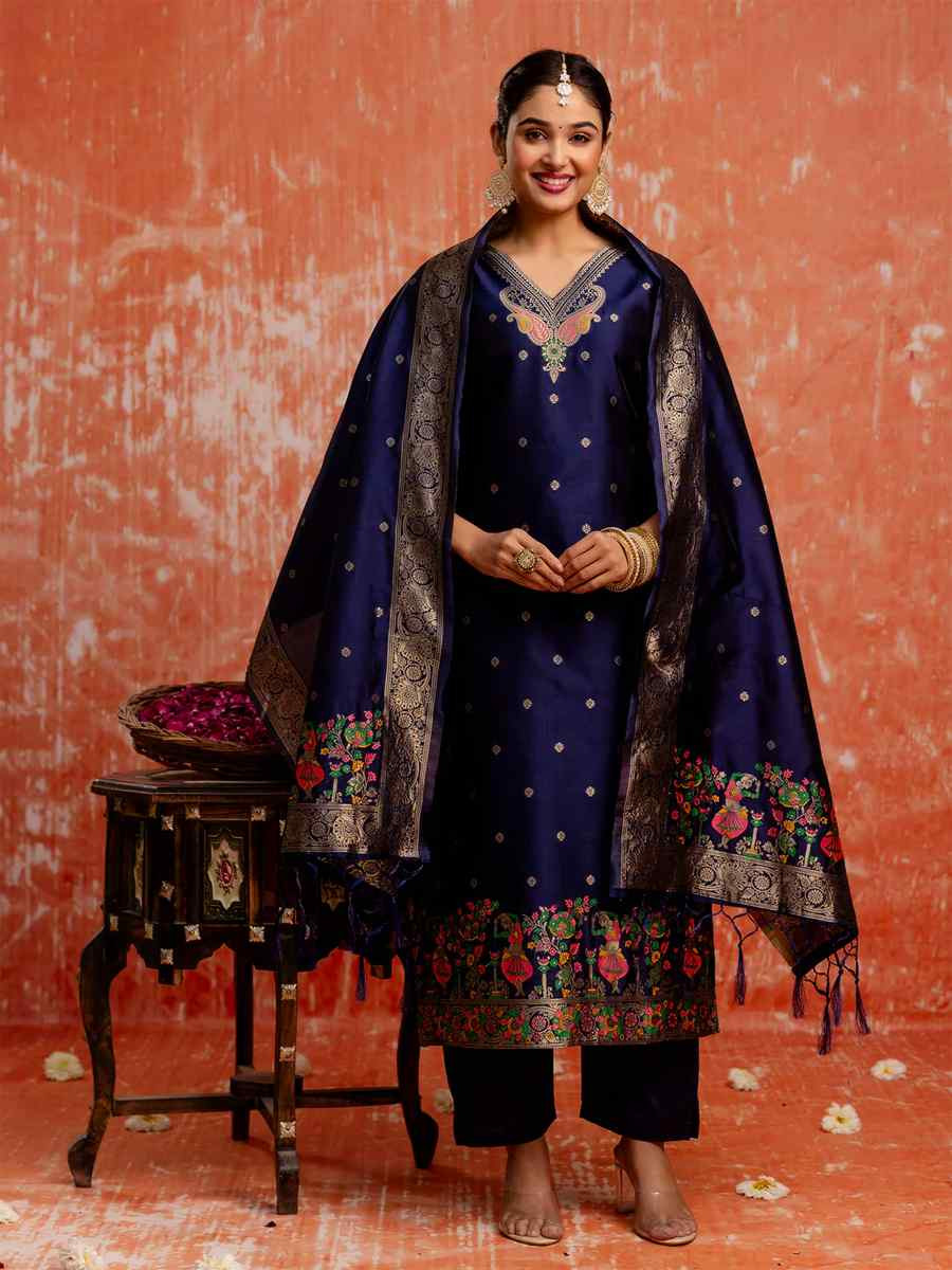 Navy Blue Cotton Silk Embroidered Festival Casual Ready Pant Salwar Kameez