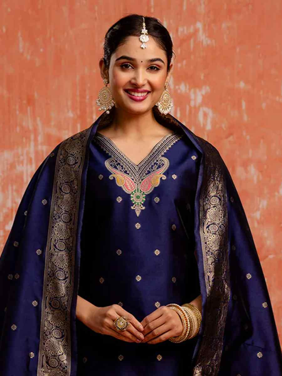 Navy Blue Cotton Silk Embroidered Festival Casual Ready Pant Salwar Kameez