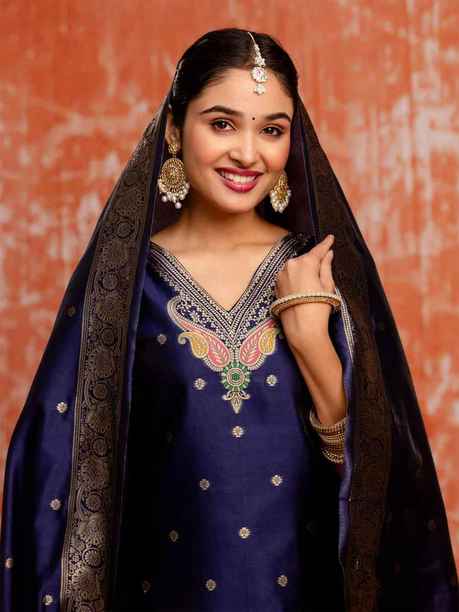 Navy Blue Cotton Silk Embroidered Festival Casual Ready Pant Salwar Kameez