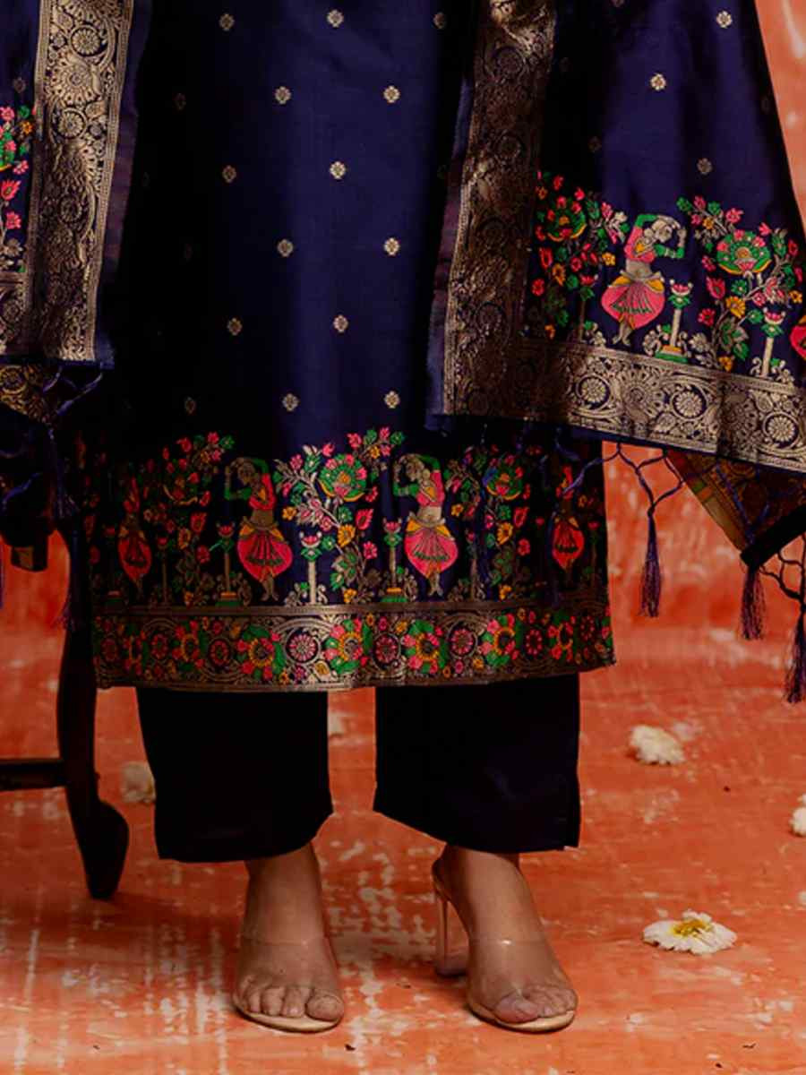 Navy Blue Cotton Silk Embroidered Festival Casual Ready Pant Salwar Kameez