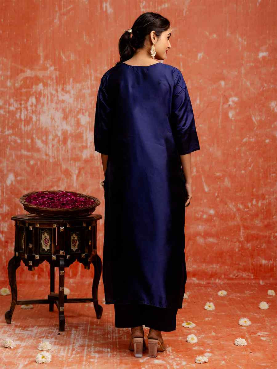 Navy Blue Cotton Silk Embroidered Festival Casual Ready Pant Salwar Kameez