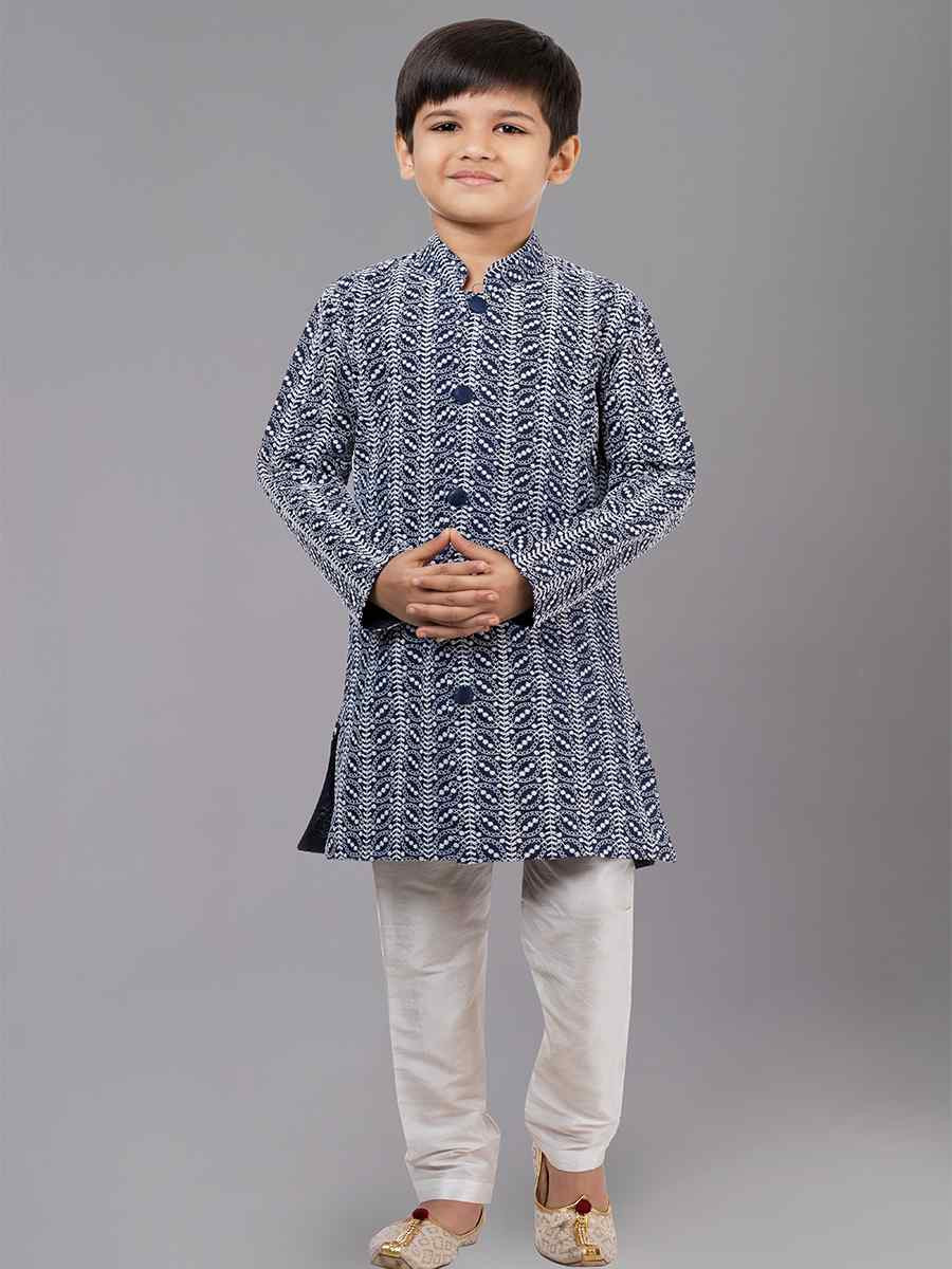 Navy Blue Cotton Silk Embroidered Festival Traditional Kurta Pyjama Boys Wear