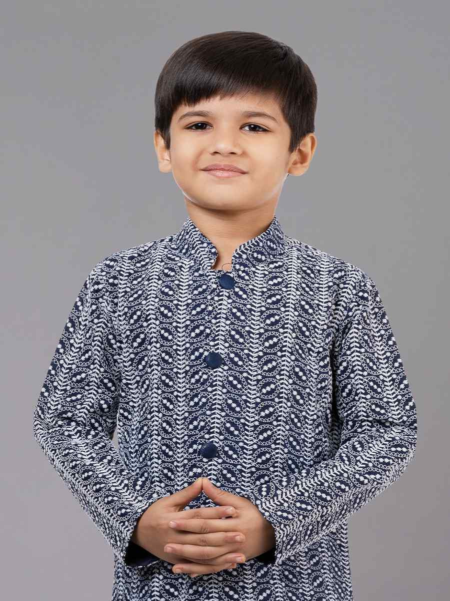 Navy Blue Cotton Silk Embroidered Festival Traditional Kurta Pyjama Boys Wear