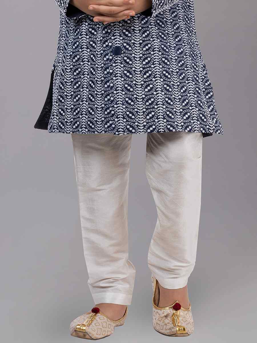 Navy Blue Cotton Silk Embroidered Festival Traditional Kurta Pyjama Boys Wear