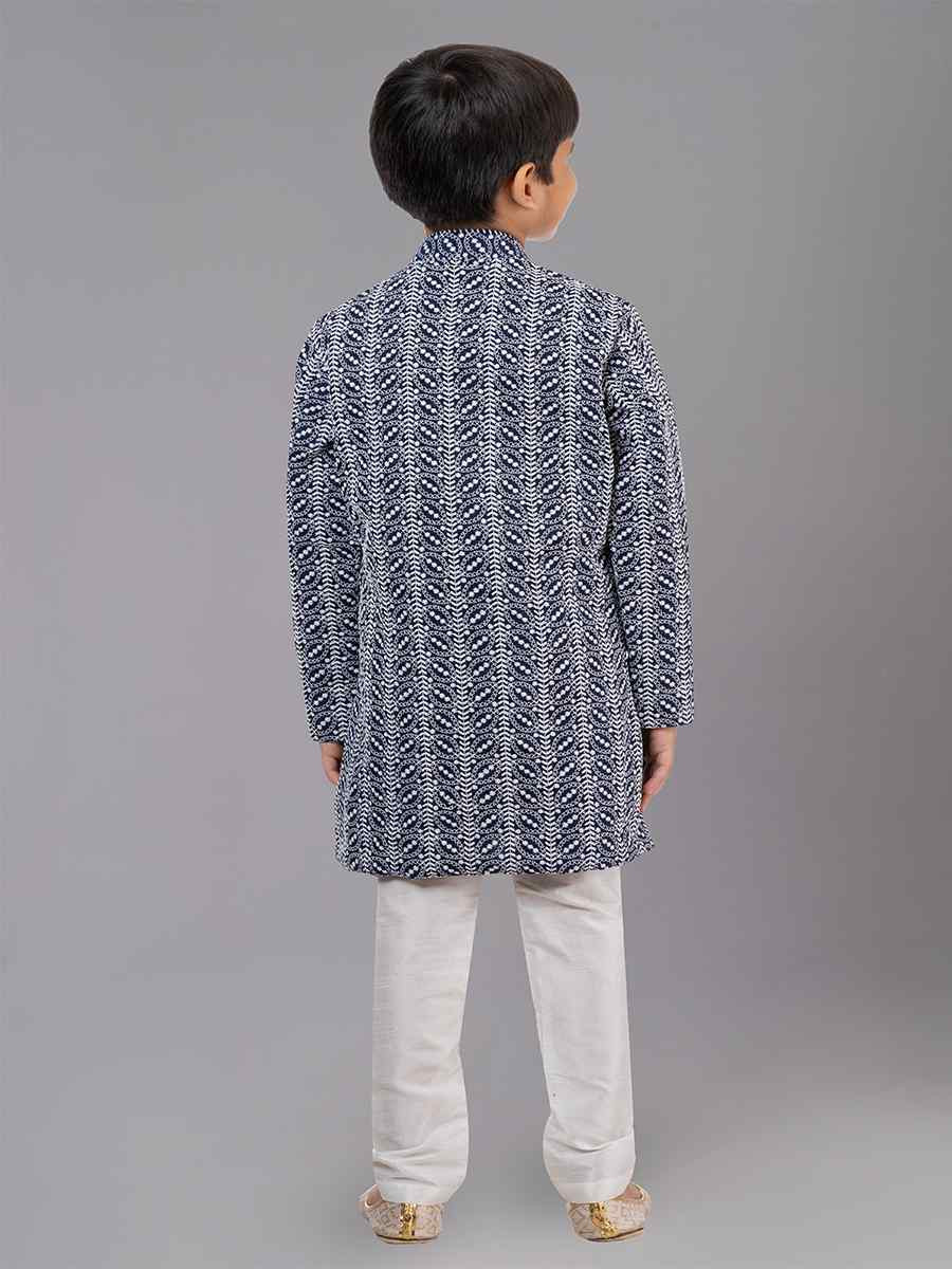 Navy Blue Cotton Silk Embroidered Festival Traditional Kurta Pyjama Boys Wear