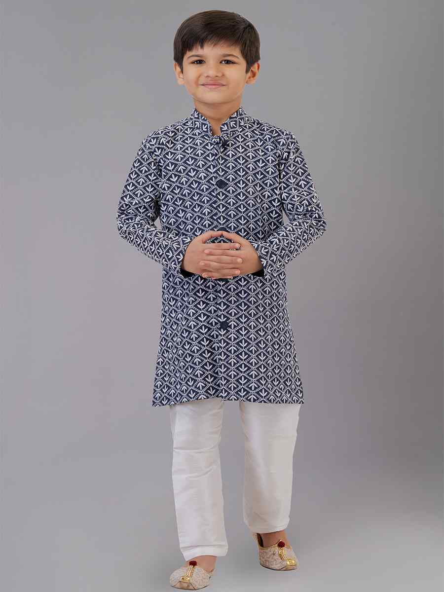Navy Blue Cotton Silk Embroidered Festival Traditional Kurta Pyjama Boys Wear