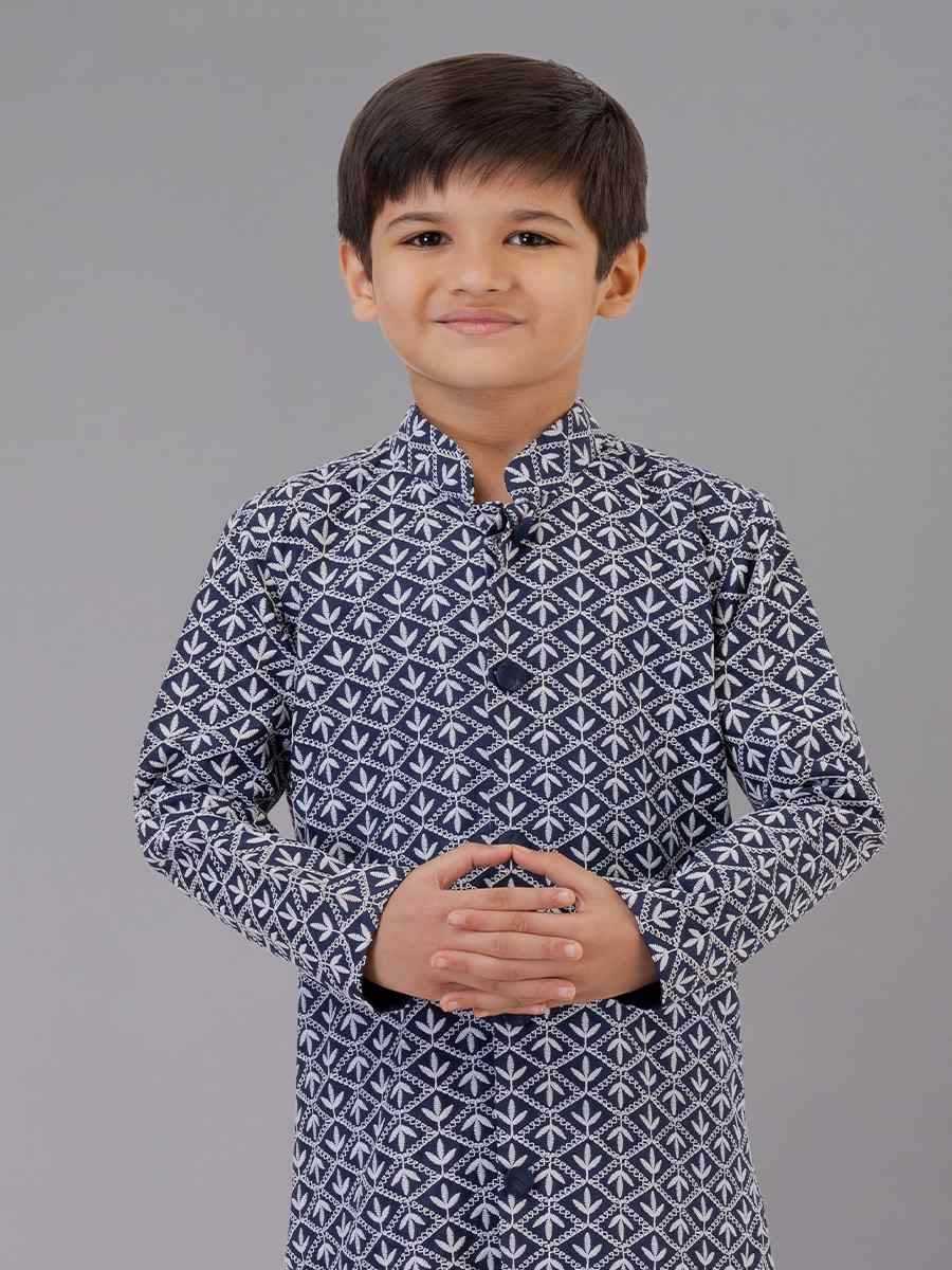 Navy Blue Cotton Silk Embroidered Festival Traditional Kurta Pyjama Boys Wear