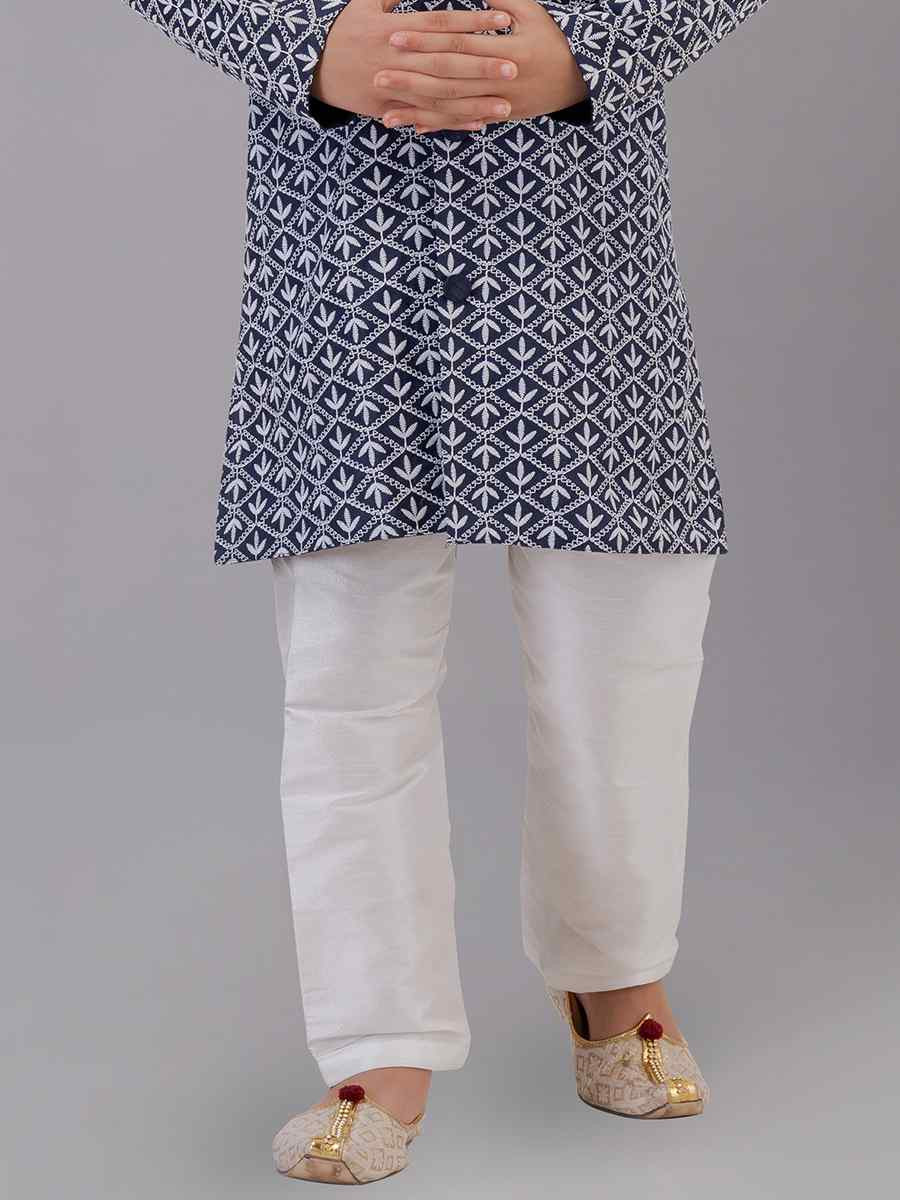 Navy Blue Cotton Silk Embroidered Festival Traditional Kurta Pyjama Boys Wear