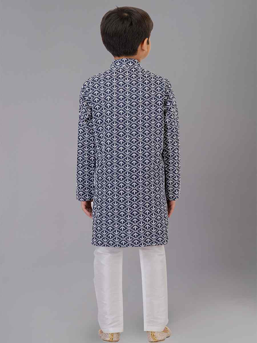 Navy Blue Cotton Silk Embroidered Festival Traditional Kurta Pyjama Boys Wear