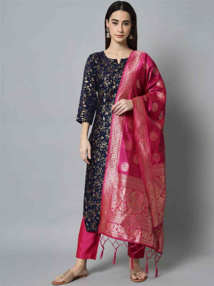 Navy Blue Cotton Silk Handwoven Festival Mehendi Ready Pant Salwar Kameez