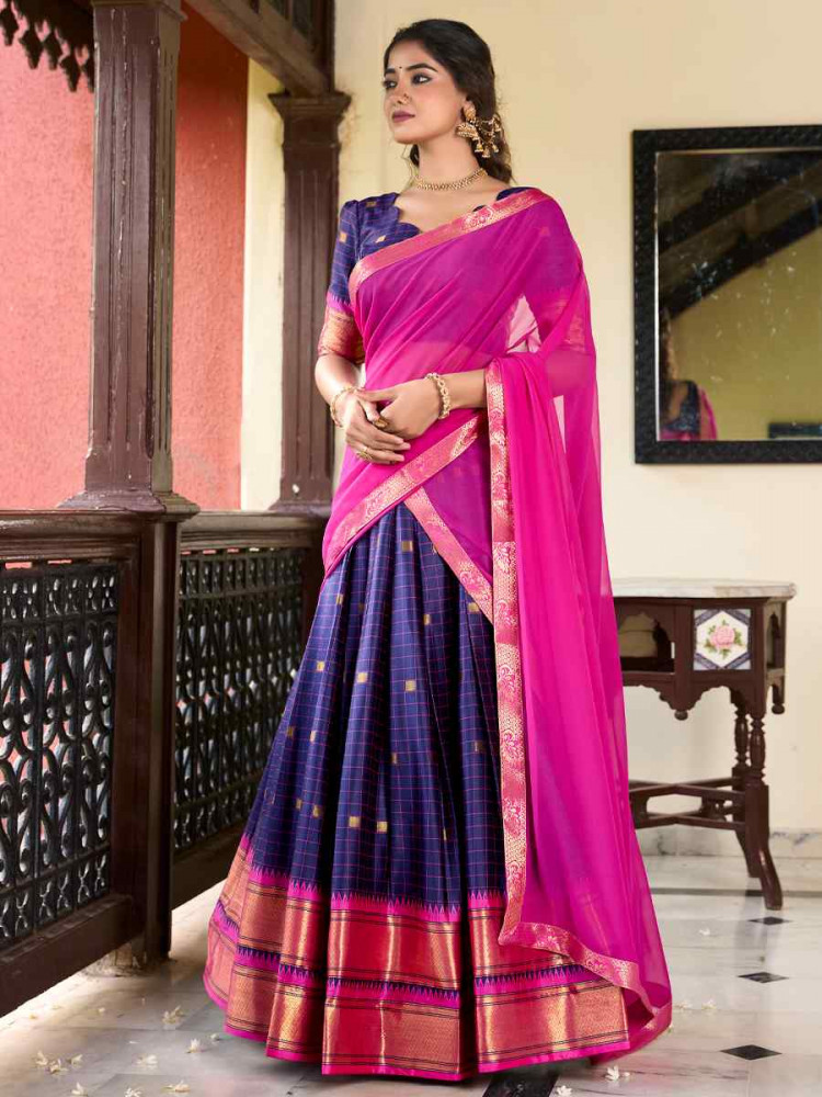 Navy Blue Cotton Silk Handwoven Reception Wedding Lehenga Choli