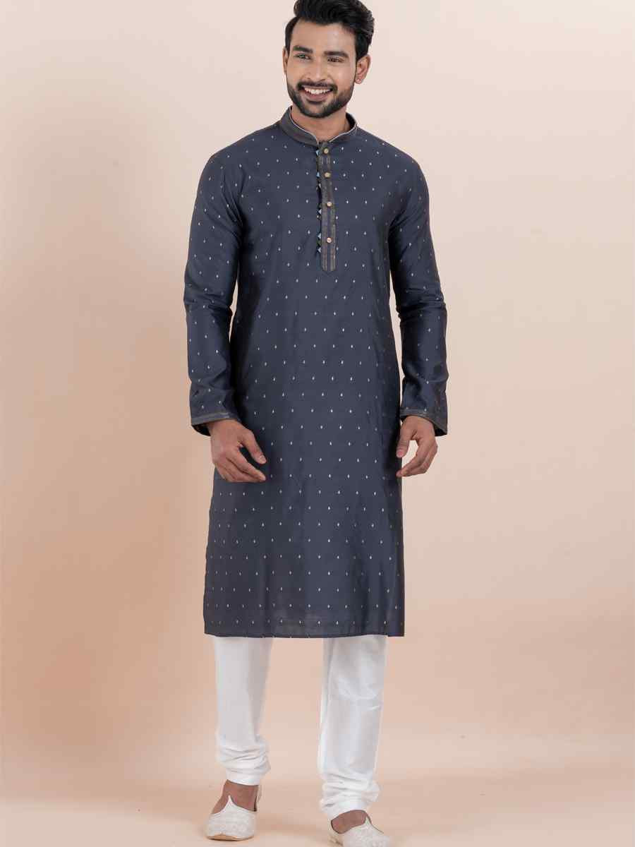 Navy Blue Cotton Silk Jacquard Embroidered Festival Wedding Kurta Pyjama Men039s Wear