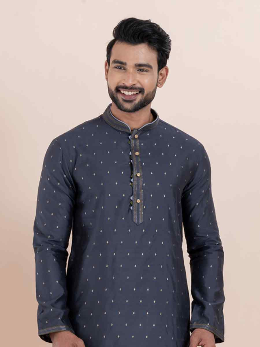 Navy Blue Cotton Silk Jacquard Embroidered Festival Wedding Kurta Pyjama Men039s Wear