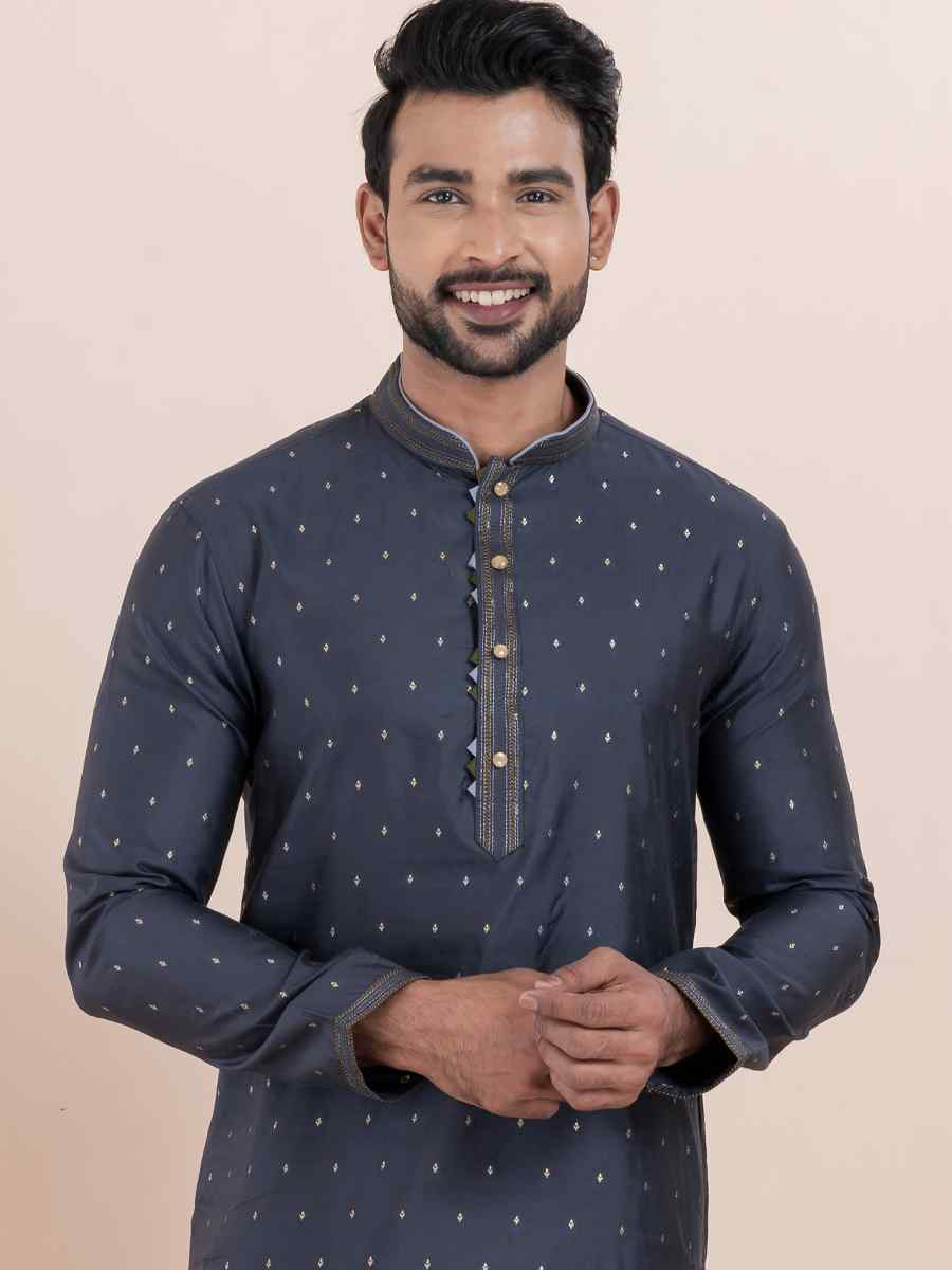 Navy Blue Cotton Silk Jacquard Embroidered Festival Wedding Kurta Pyjama Men039s Wear