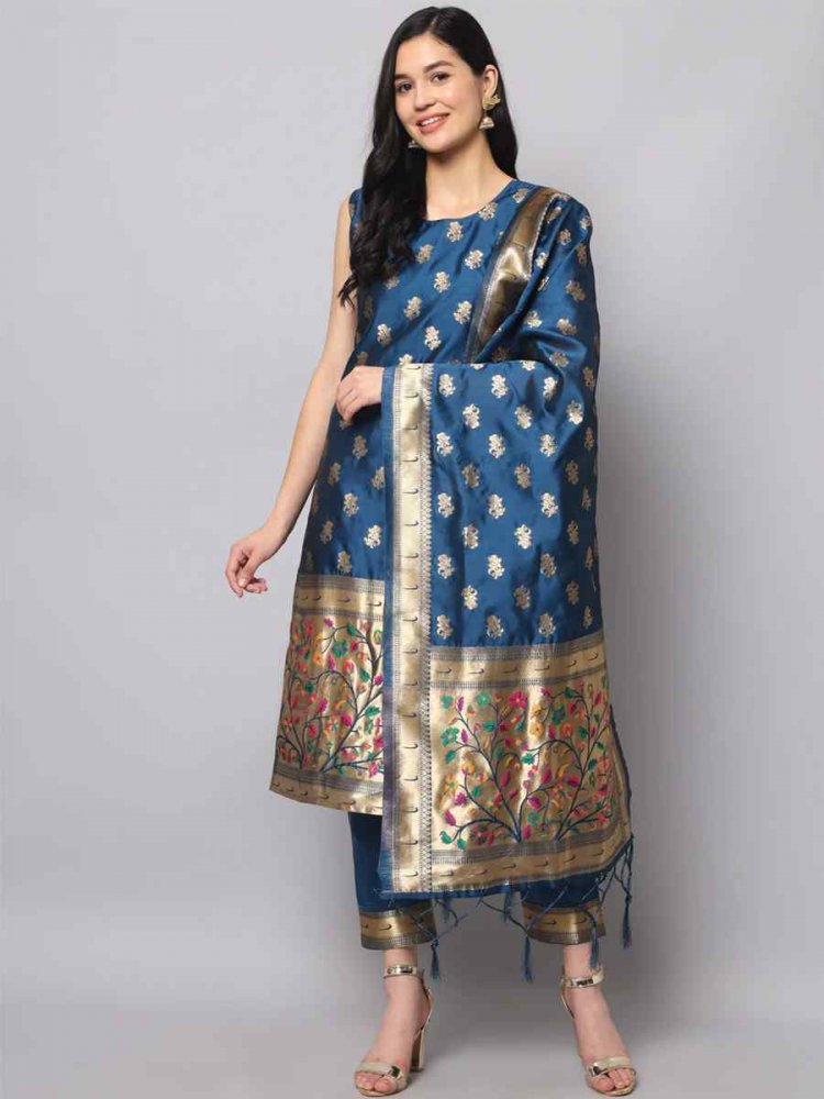 Navy Blue Cotton Silk Jacquard Handwoven Festival Mehendi Ready Pant Salwar Kameez