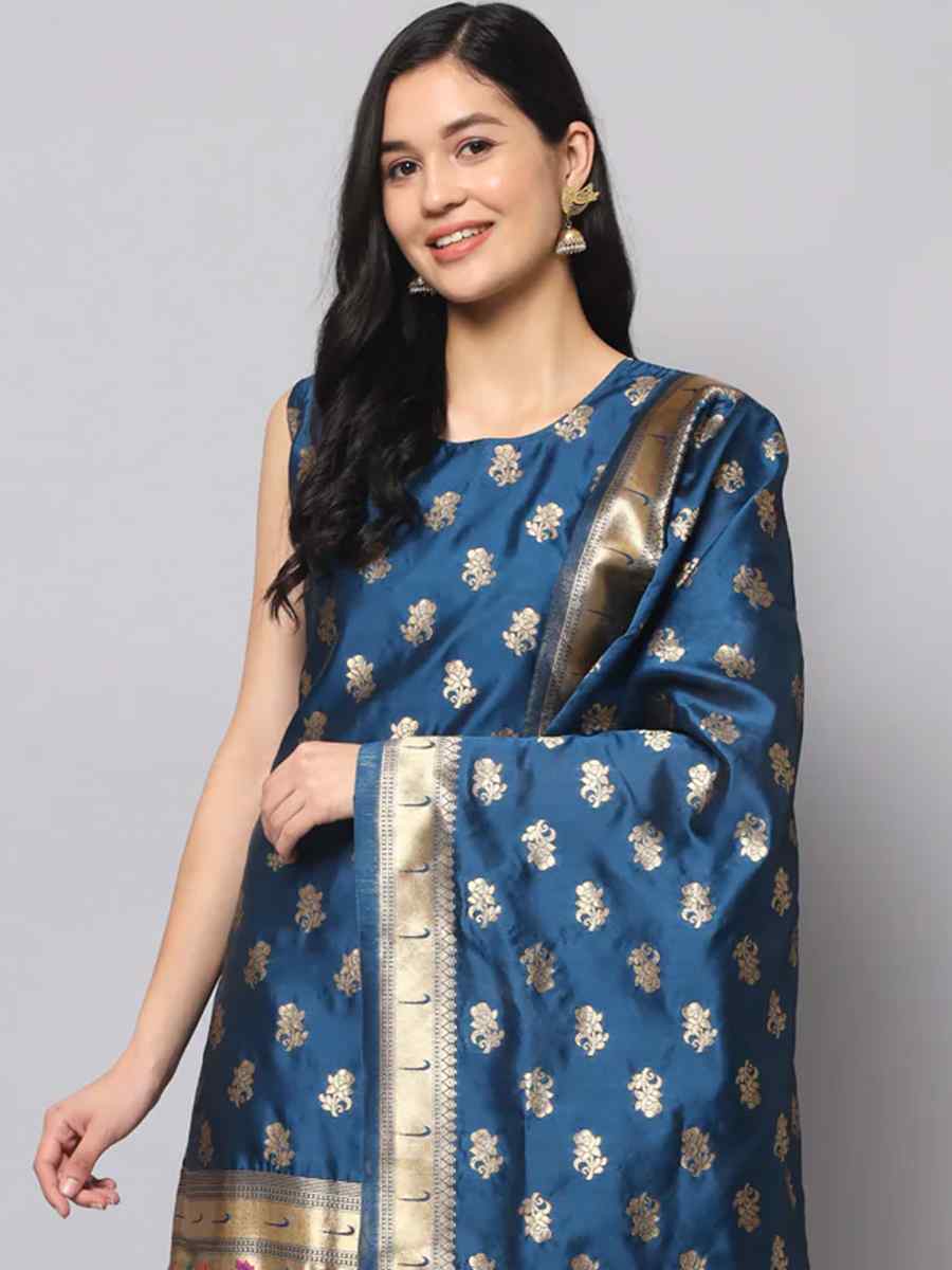 Navy Blue Cotton Silk Jacquard Handwoven Festival Mehendi Ready Pant Salwar Kameez