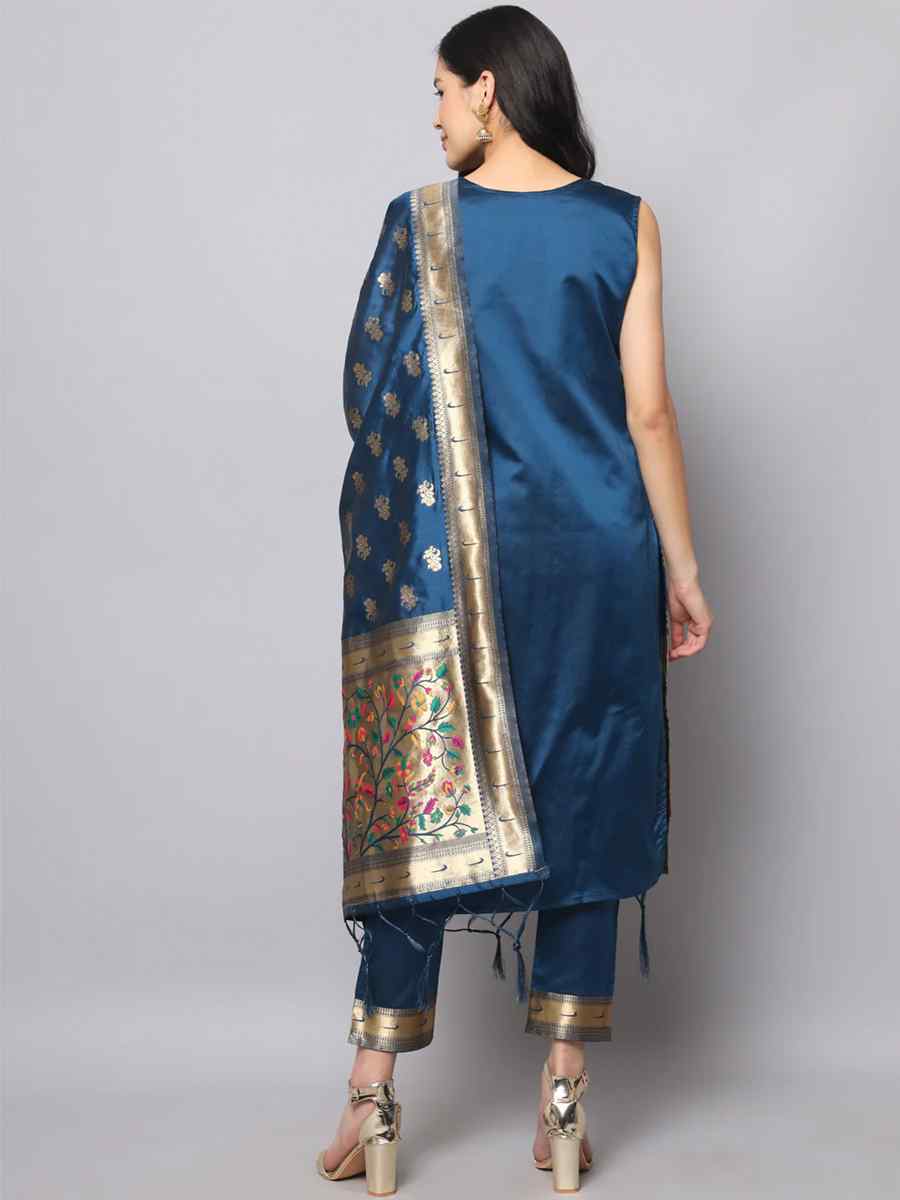 Navy Blue Cotton Silk Jacquard Handwoven Festival Mehendi Ready Pant Salwar Kameez