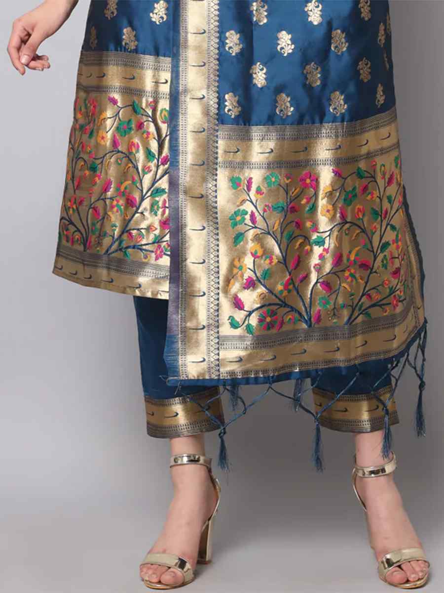 Navy Blue Cotton Silk Jacquard Handwoven Festival Mehendi Ready Pant Salwar Kameez