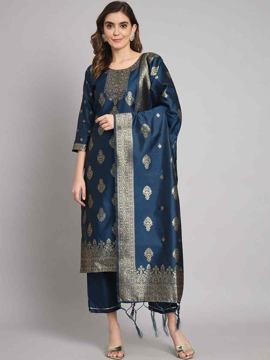 Navy Blue Cotton Silk Jacquard Handwoven Party Wedding Festival Casual Ready Pant Salwar Kameez