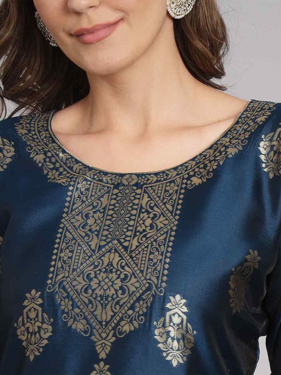 Navy Blue Cotton Silk Jacquard Handwoven Party Wedding Festival Casual Ready Pant Salwar Kameez