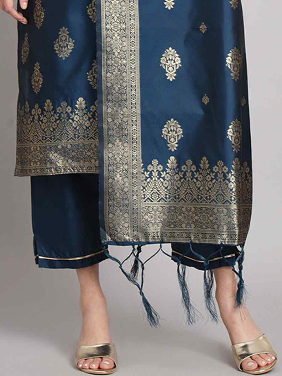 Navy Blue Cotton Silk Jacquard Handwoven Party Wedding Festival Casual Ready Pant Salwar Kameez