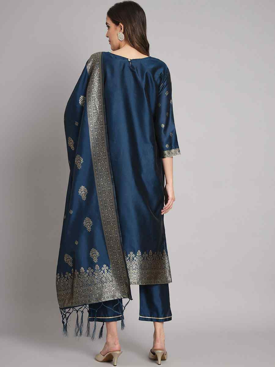 Navy Blue Cotton Silk Jacquard Handwoven Party Wedding Festival Casual Ready Pant Salwar Kameez
