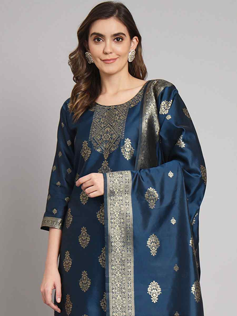 Navy Blue Cotton Silk Jacquard Handwoven Party Wedding Festival Casual Ready Pant Salwar Kameez