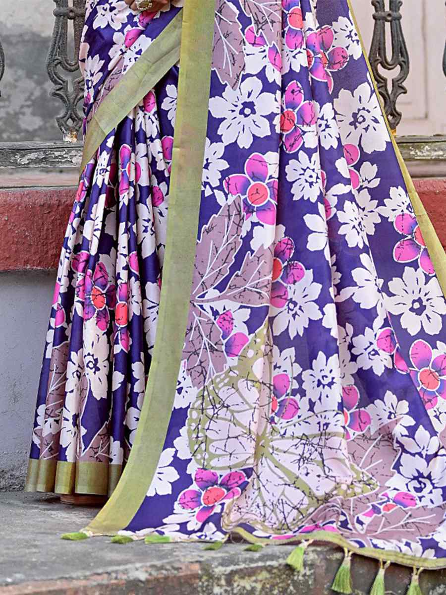 Navy Blue Cotton Silk Printed Casual Festival Contemporary Saree