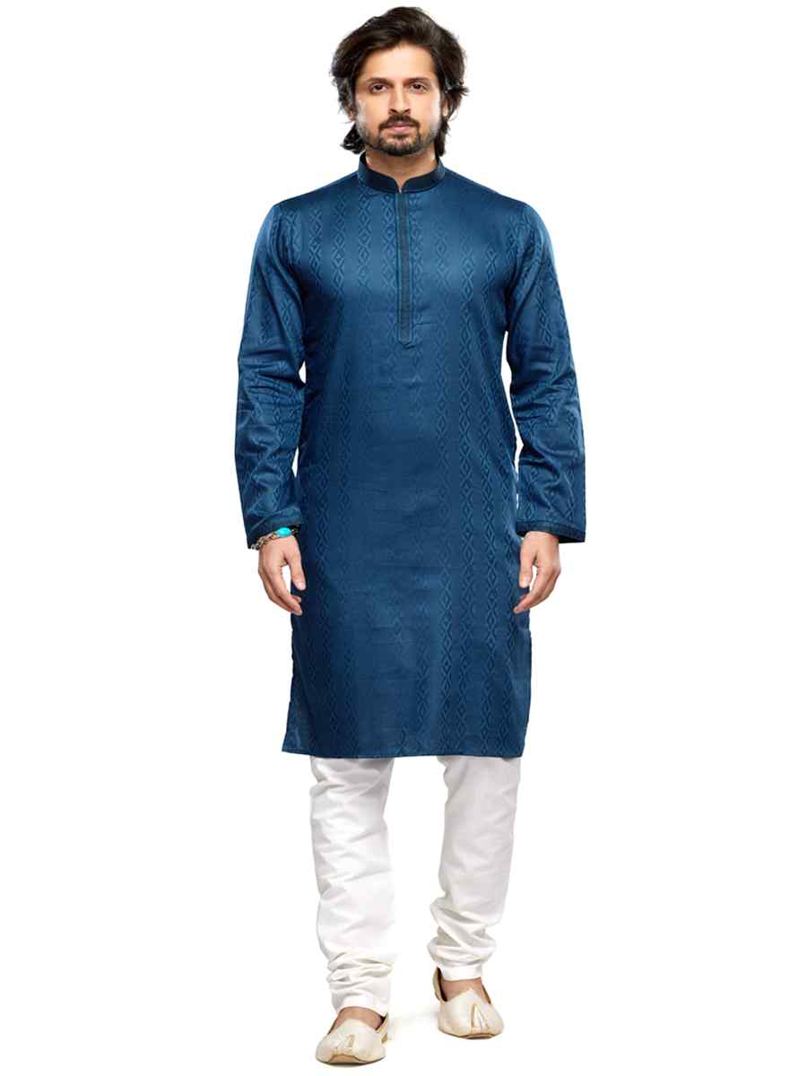 Navy Blue Cotton Woven Festival Party Kurta