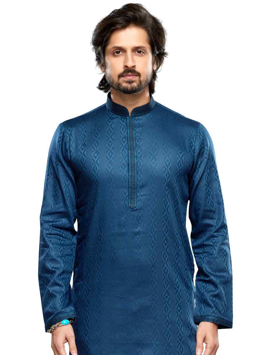Navy Blue Cotton Woven Festival Party Kurta