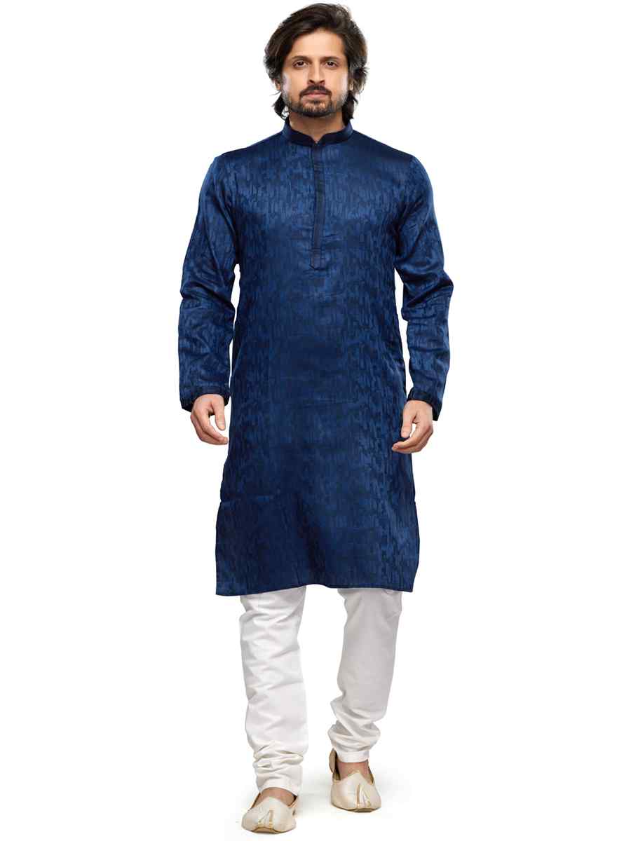 Navy Blue Cotton Woven Festival Party Kurta