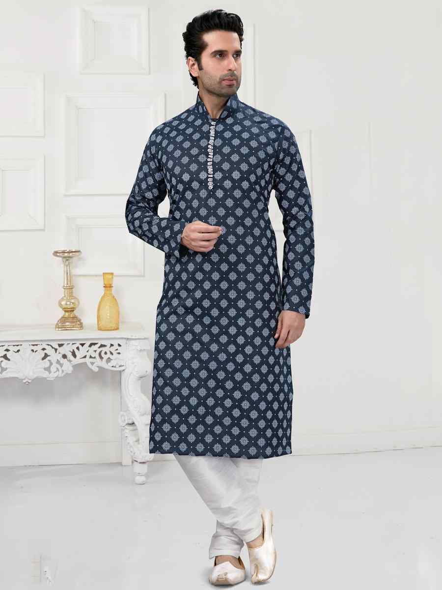 Navy Blue Cotton Woven Festival Wedding Kurta