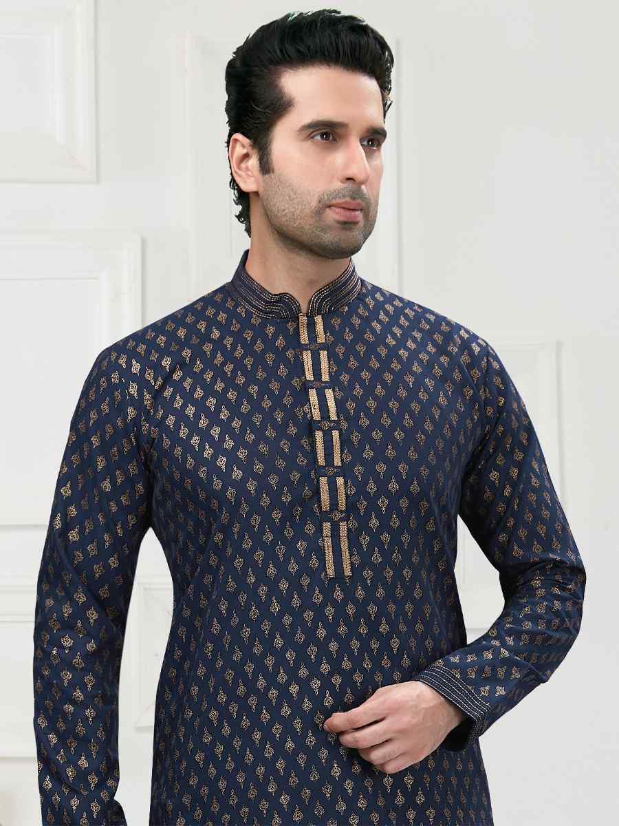 Navy Blue Cotton Woven Festival Wedding Kurta