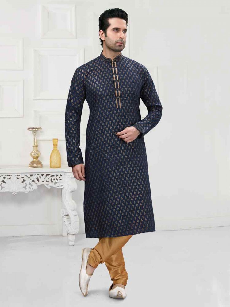 Navy Blue Cotton Woven Festival Wedding Kurta