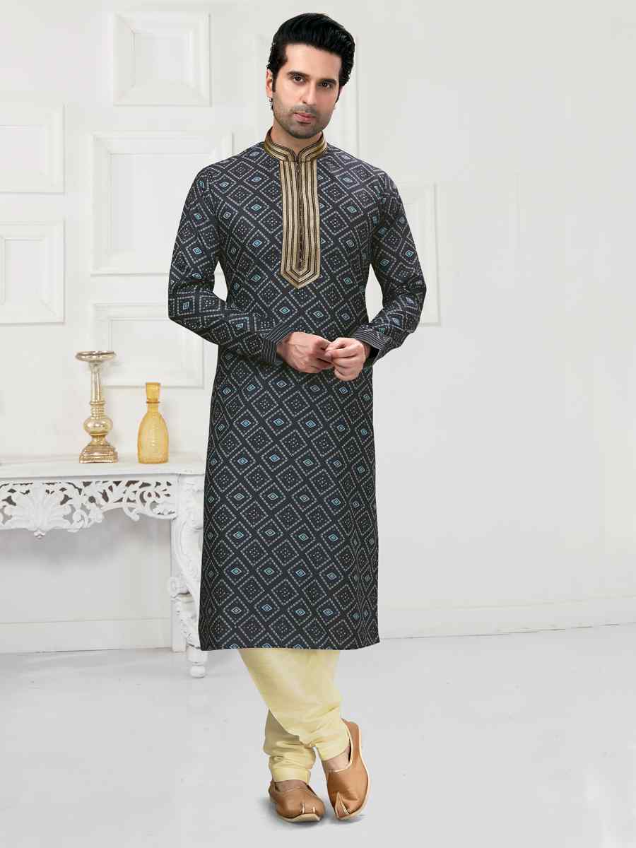 Navy Blue Cotton Woven Festival Wedding Kurta