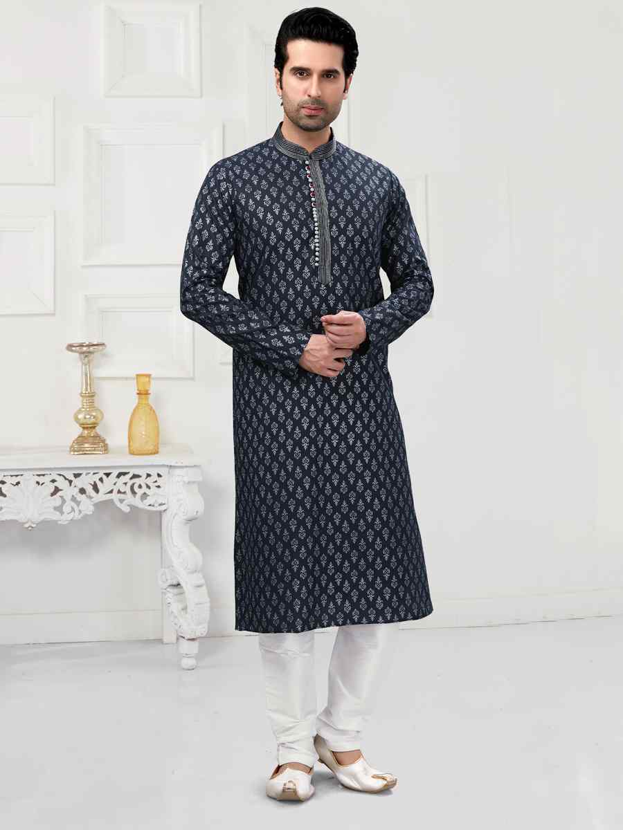 Navy Blue Cotton Woven Festival Wedding Kurta