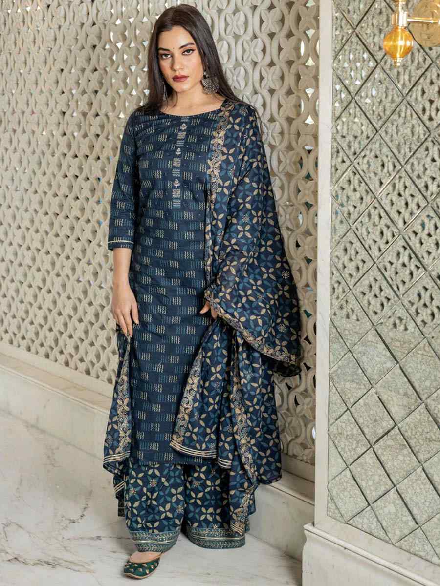 Navy Blue CottonPrinted Casual Festival Pant Salwar Kameez