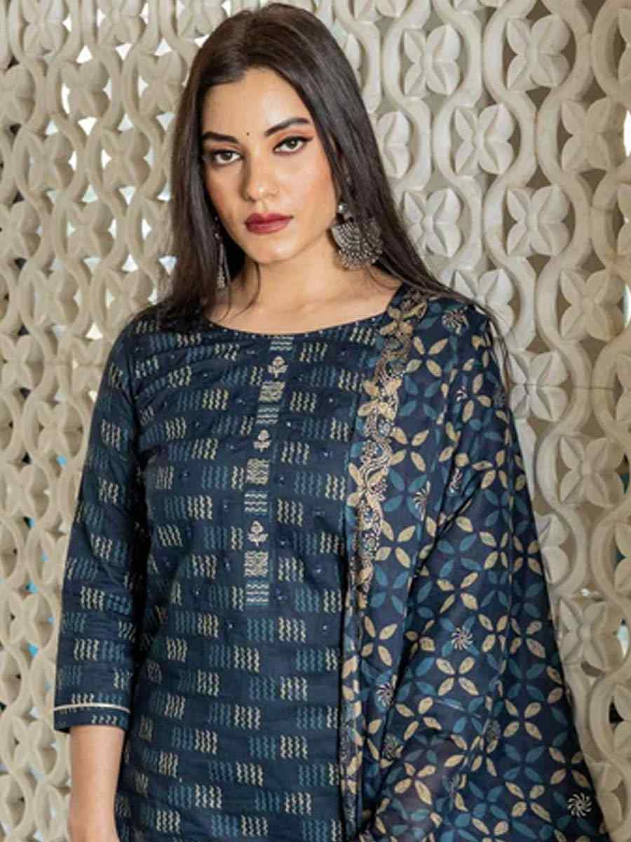 Navy Blue CottonPrinted Casual Festival Pant Salwar Kameez