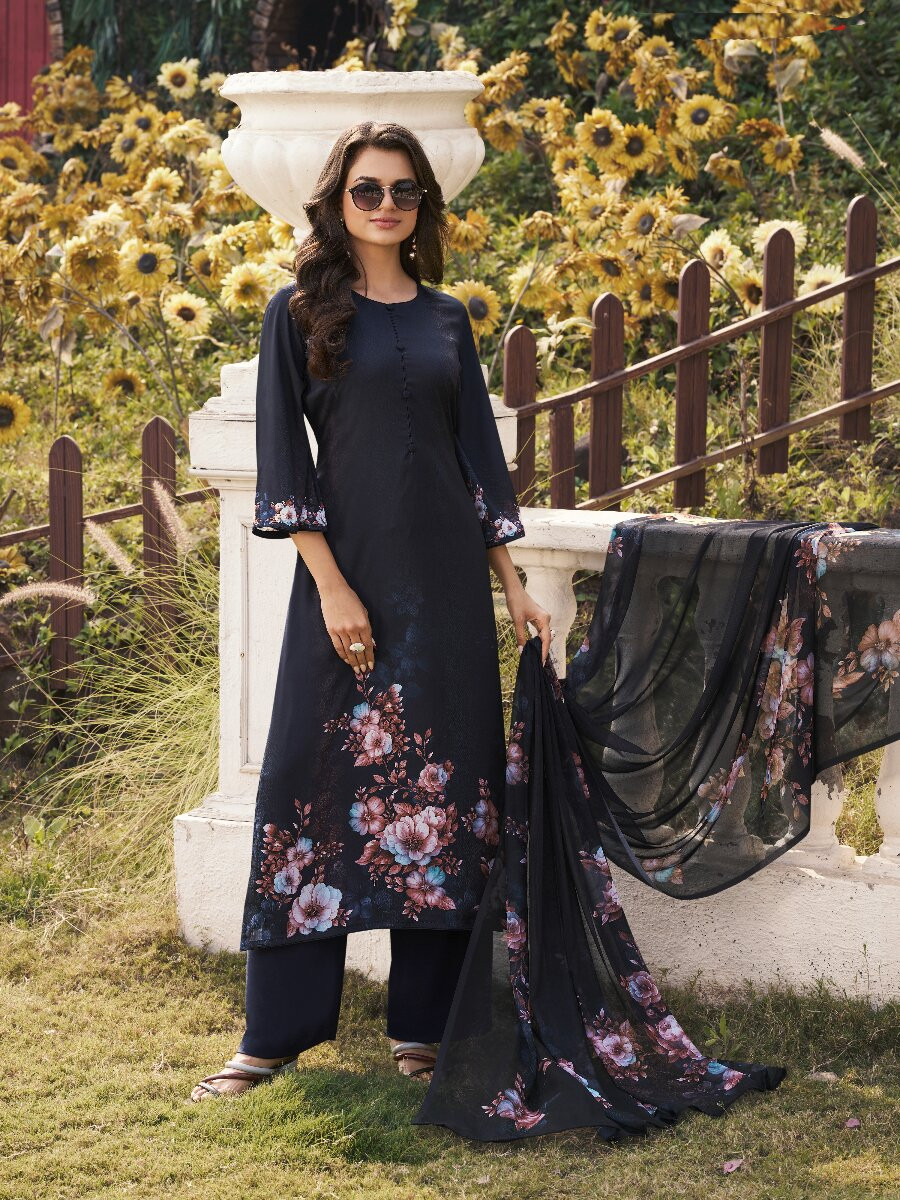 Navy Blue Crepe Printed Party Casual Palazzo Pant Salwar Kameez