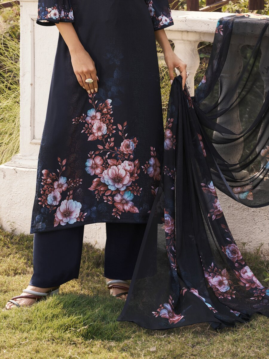 Navy Blue Crepe Printed Party Casual Palazzo Pant Salwar Kameez