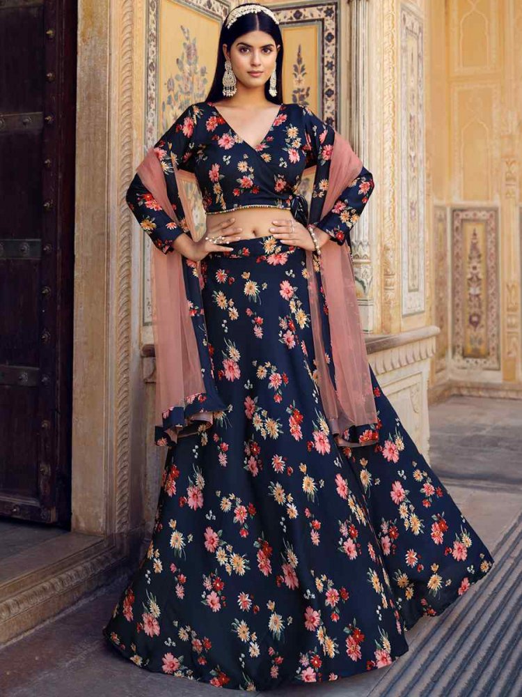 Navy Blue Crushed Silk Embroidered Festival Ready Circular Lehenga Choli