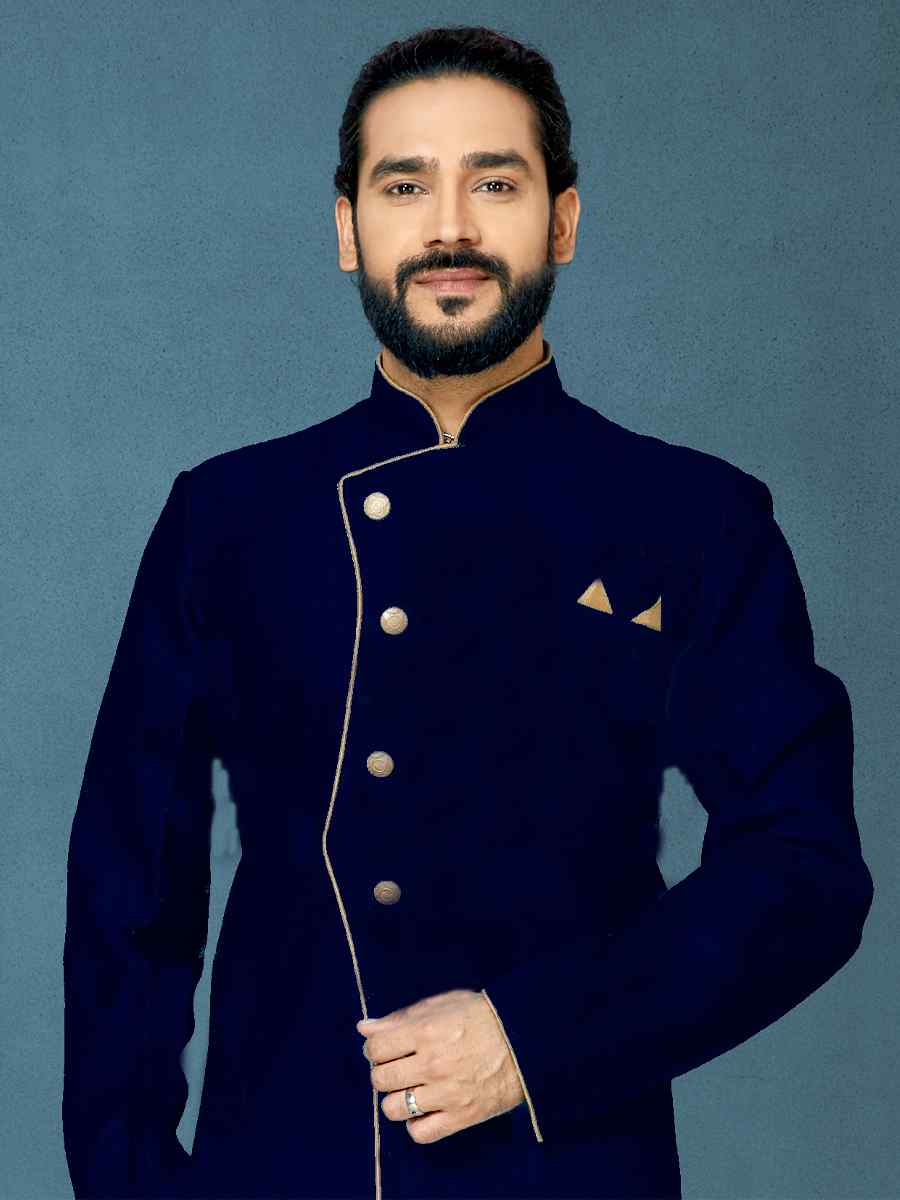 Navy Blue Dhupion Art Silk Woven Festival Wedding Sherwani