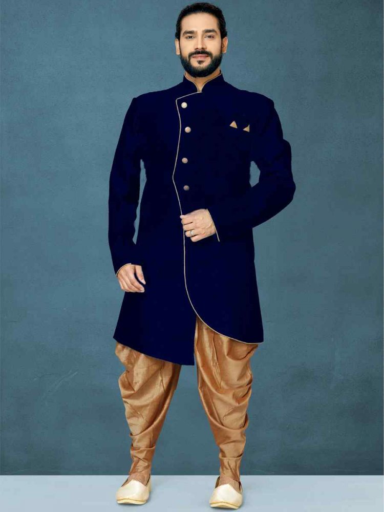 Navy Blue Dhupion Art Silk Woven Festival Wedding Sherwani