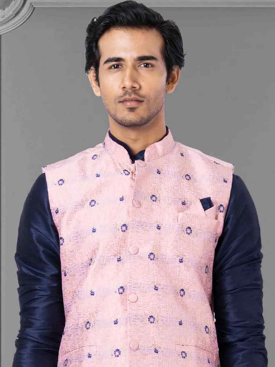 Navy Blue Dhupion Raw Silk Woven Festival Wedding Kurta Waistcoat