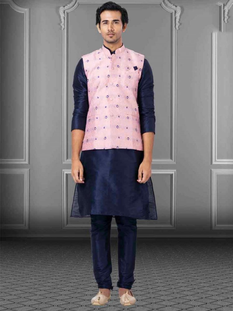 Navy Blue Dhupion Raw Silk Woven Festival Wedding Kurta Waistcoat