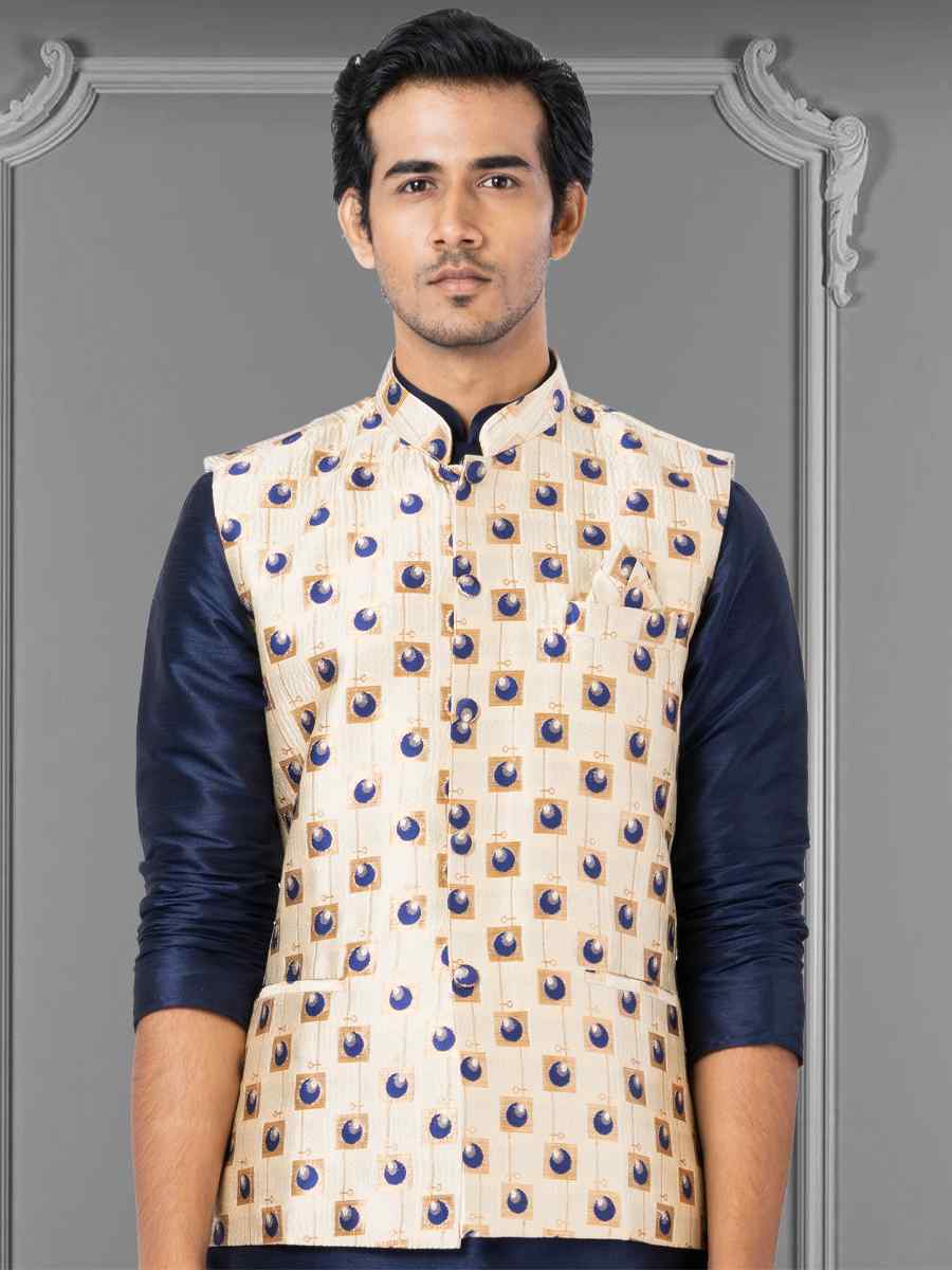 Navy Blue Dhupion Raw Silk Woven Festival Wedding Kurta Waistcoat