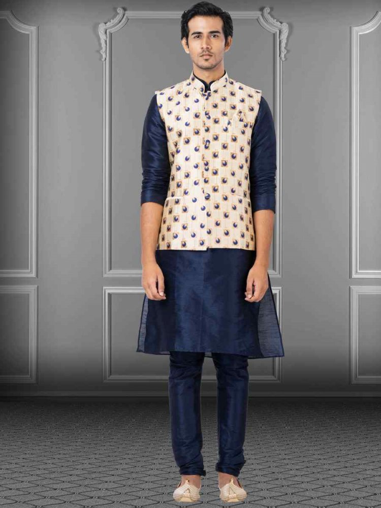 Navy Blue Dhupion Raw Silk Woven Festival Wedding Kurta Waistcoat