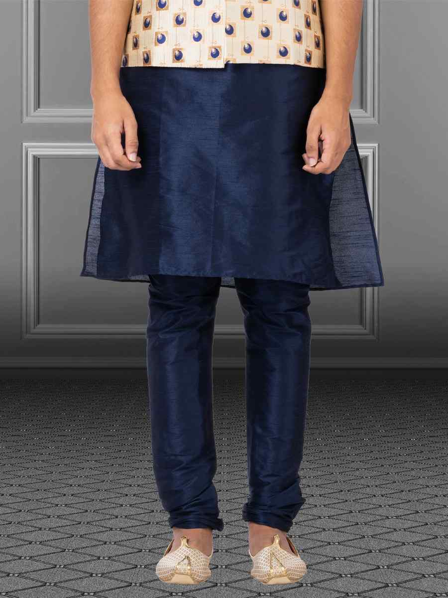 Navy Blue Dhupion Raw Silk Woven Festival Wedding Kurta Waistcoat