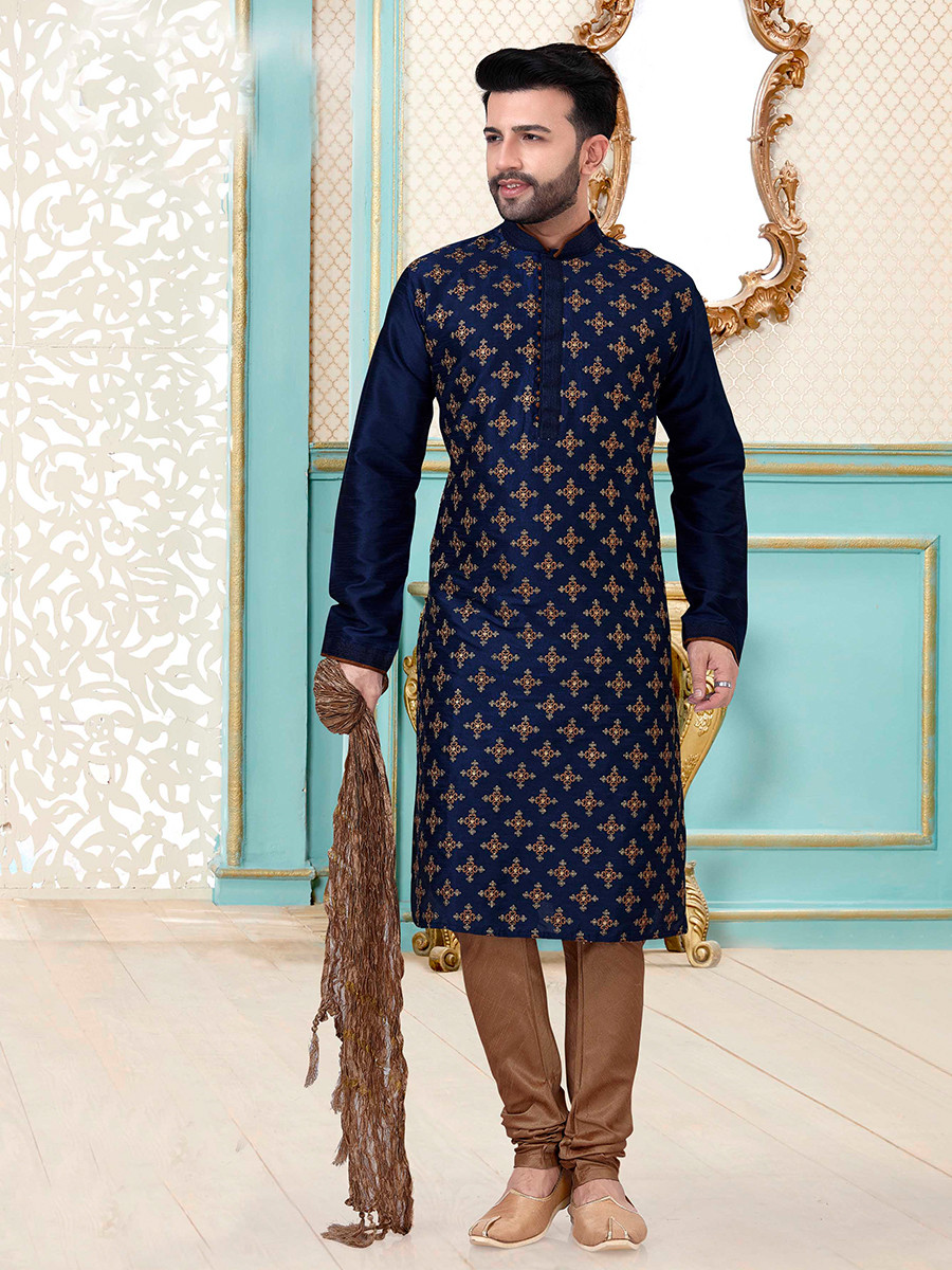 Navy Blue Dhupion Silk Embroidery Wedding Party Festival Ready Mens Kurta